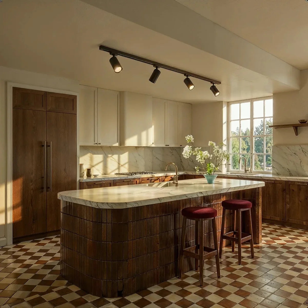 Clérachic track lighting system in black, four spotlights angled down over a marble-topped kitchen island.