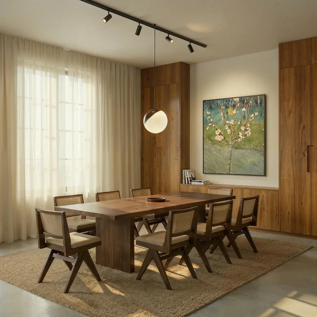 Clérachic track lighting system in black, its spotlights along the ceiling and the globe pendant dropped over a dining table.