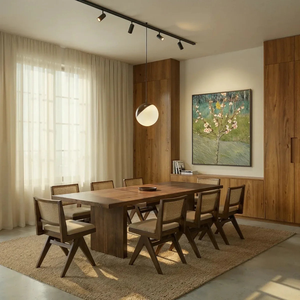 Clérachic track lighting system in black, its spotlights along the ceiling and the globe pendant dropped over a dining table.