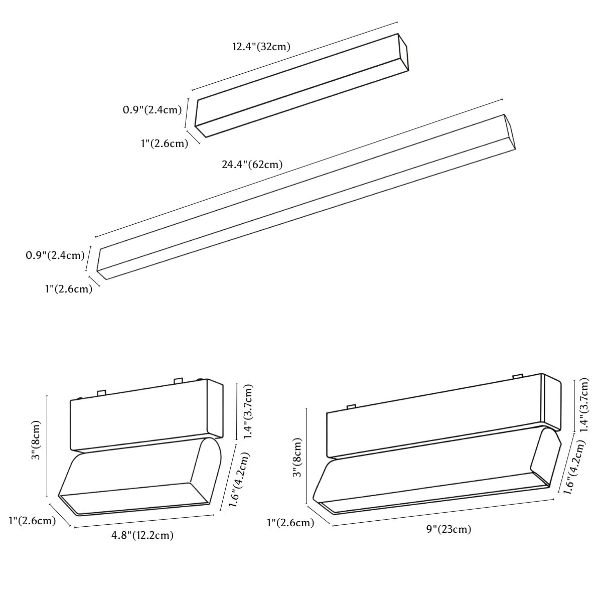 Clérachic light dimension drawing, Floodlight, every measurement marked in centimetres and inches.