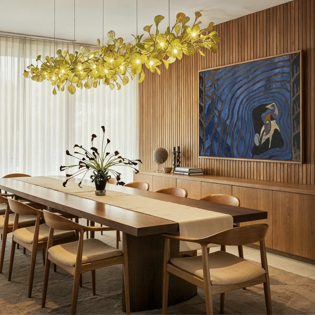 Clérachic's chandelier in its linear form, glowing gold above a long dining table beside sheer curtains.