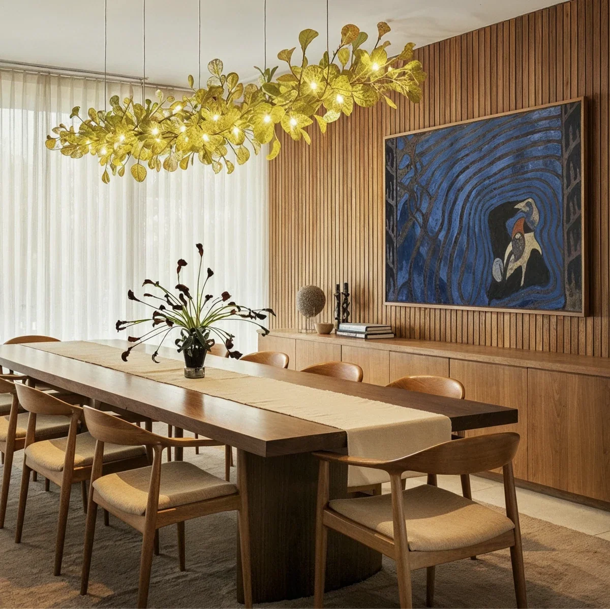 Clérachic's chandelier in its linear form, glowing gold above a long dining table beside sheer curtains.