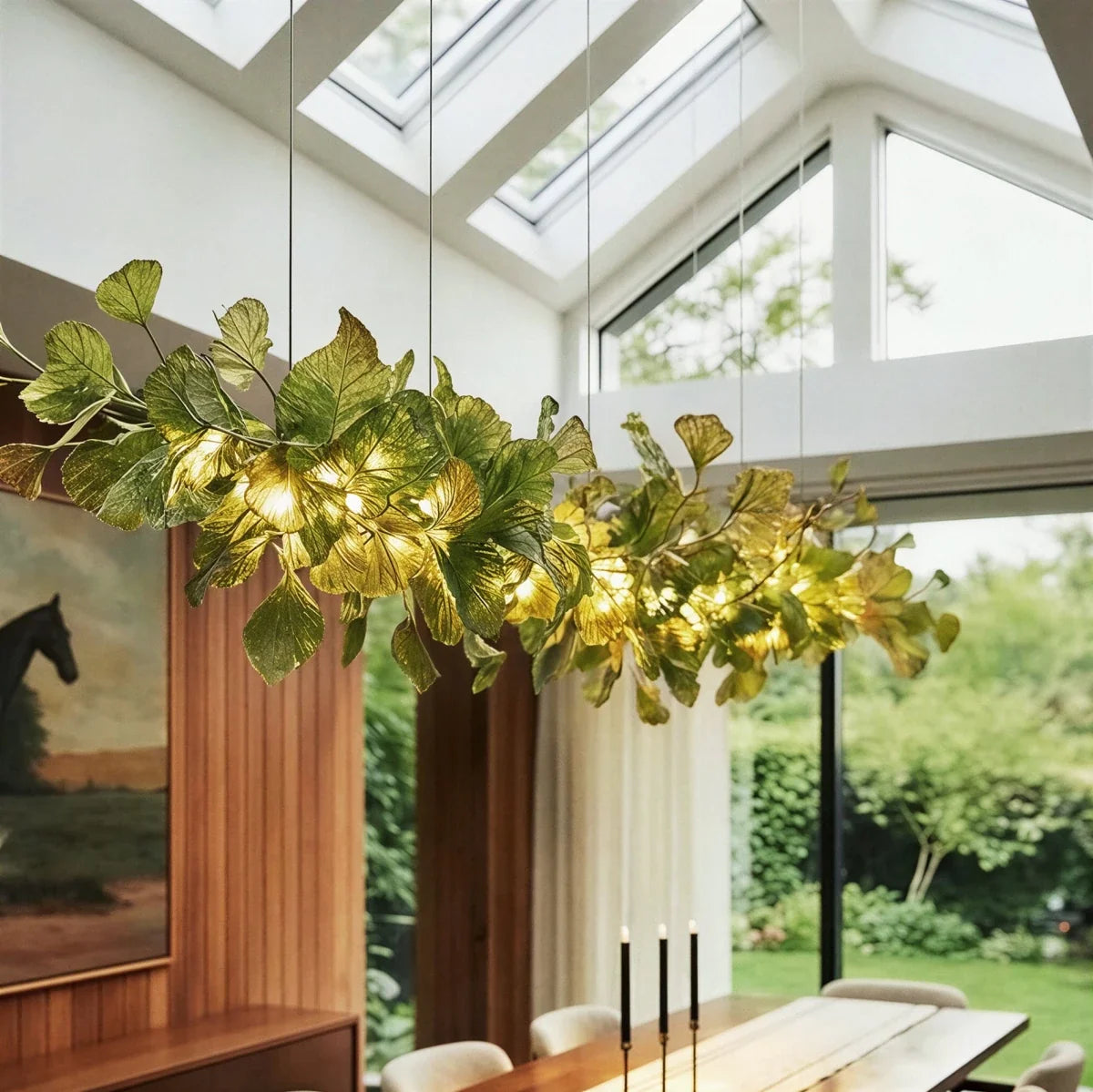 A closer view of the Clérachic chandelier's linear green leaves, glowing warm beneath a sunroom skylight.