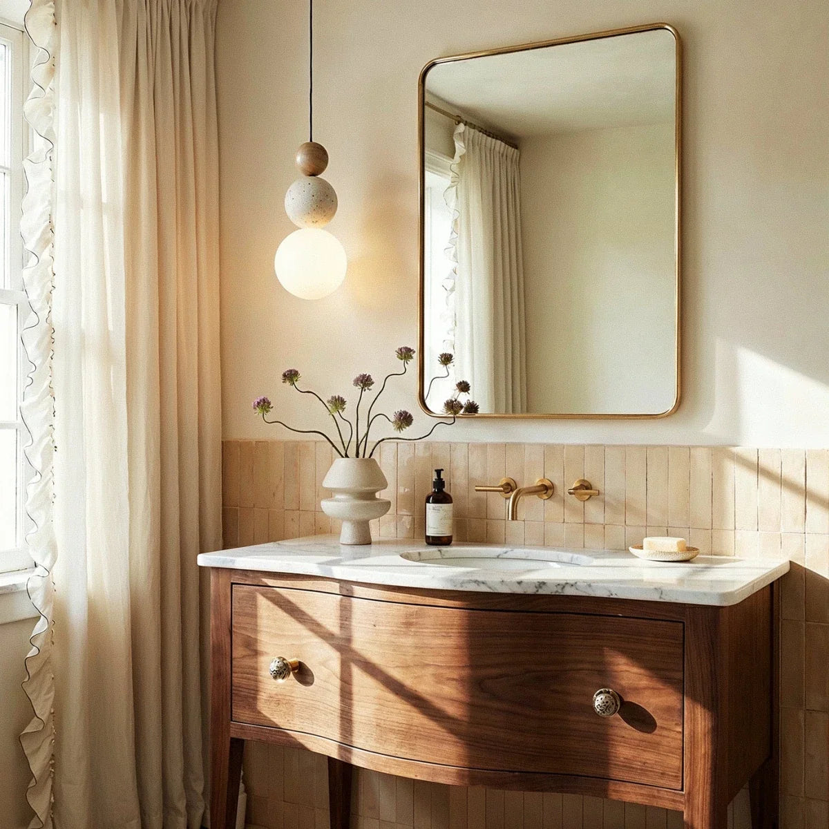 Clérachic stacked pendant of wood, travertine and a glowing white globe, hung beside a mirror above a wooden vanity.