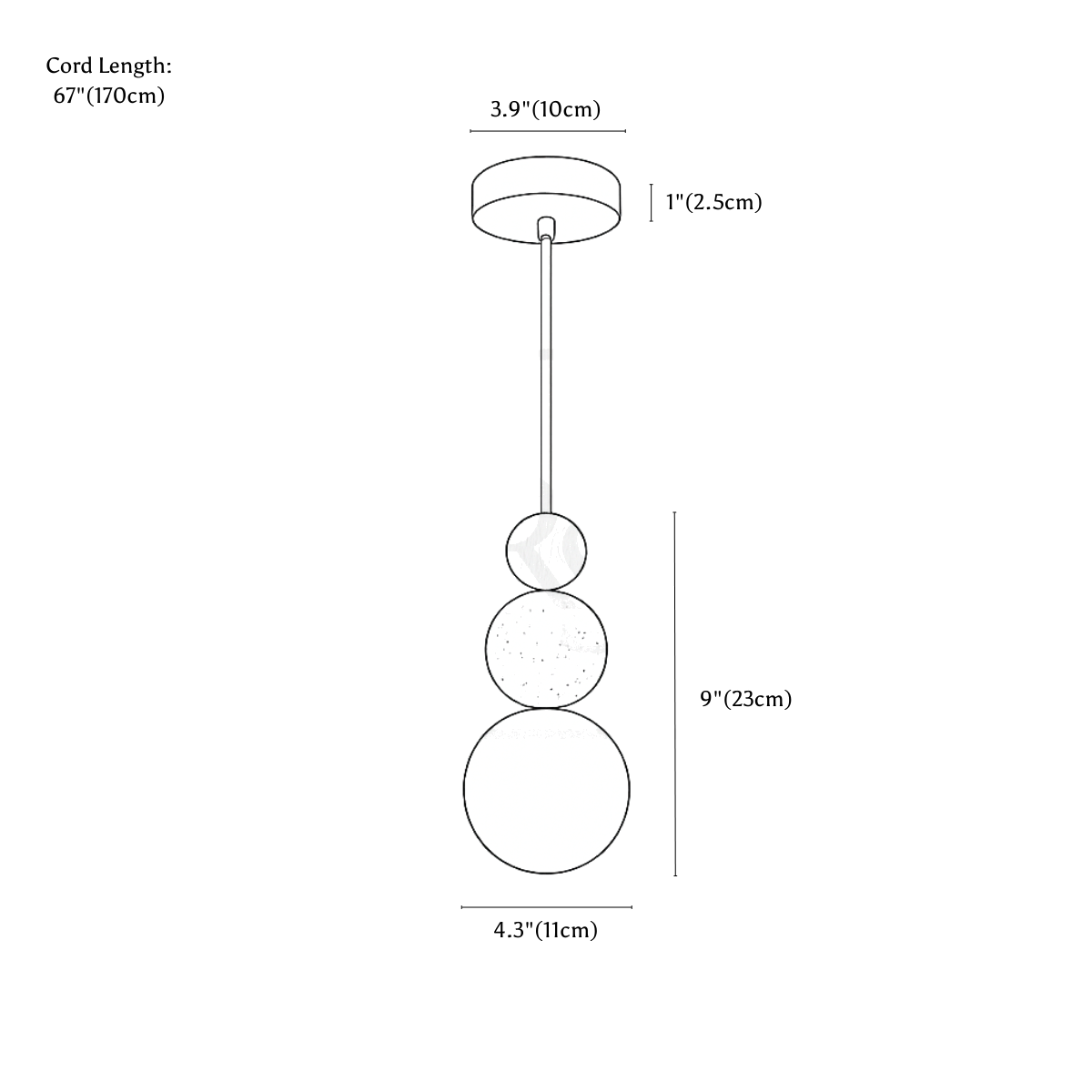 Clérachic pendant light dimension drawing, 11 × 23 cm, every measurement marked in centimetres and inches.