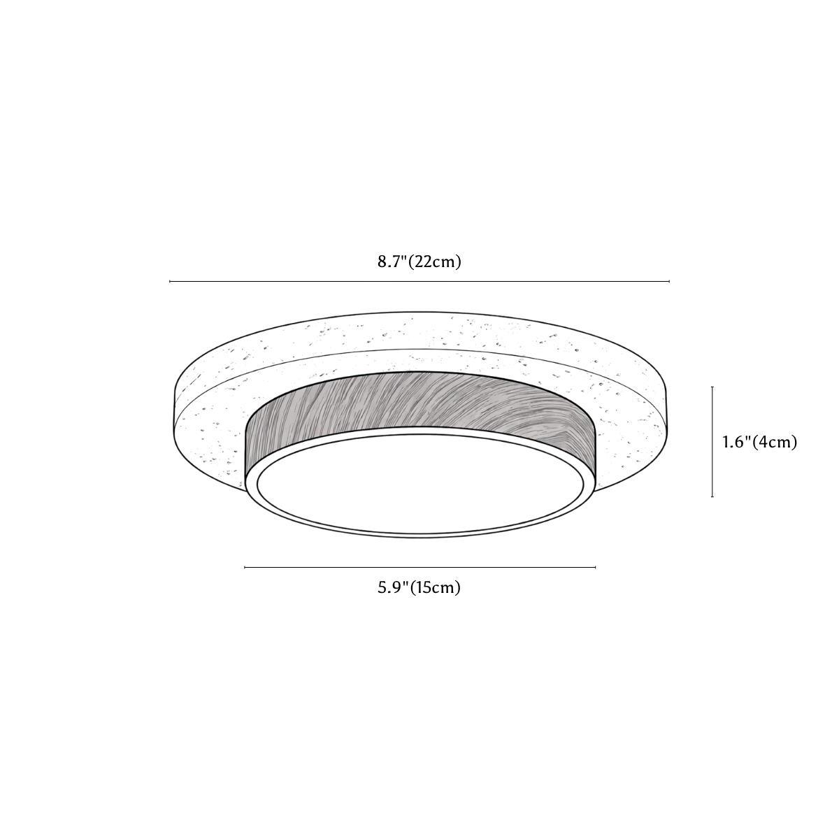 Clérachic ceiling light dimension drawing, every measurement marked in centimetres and inches.