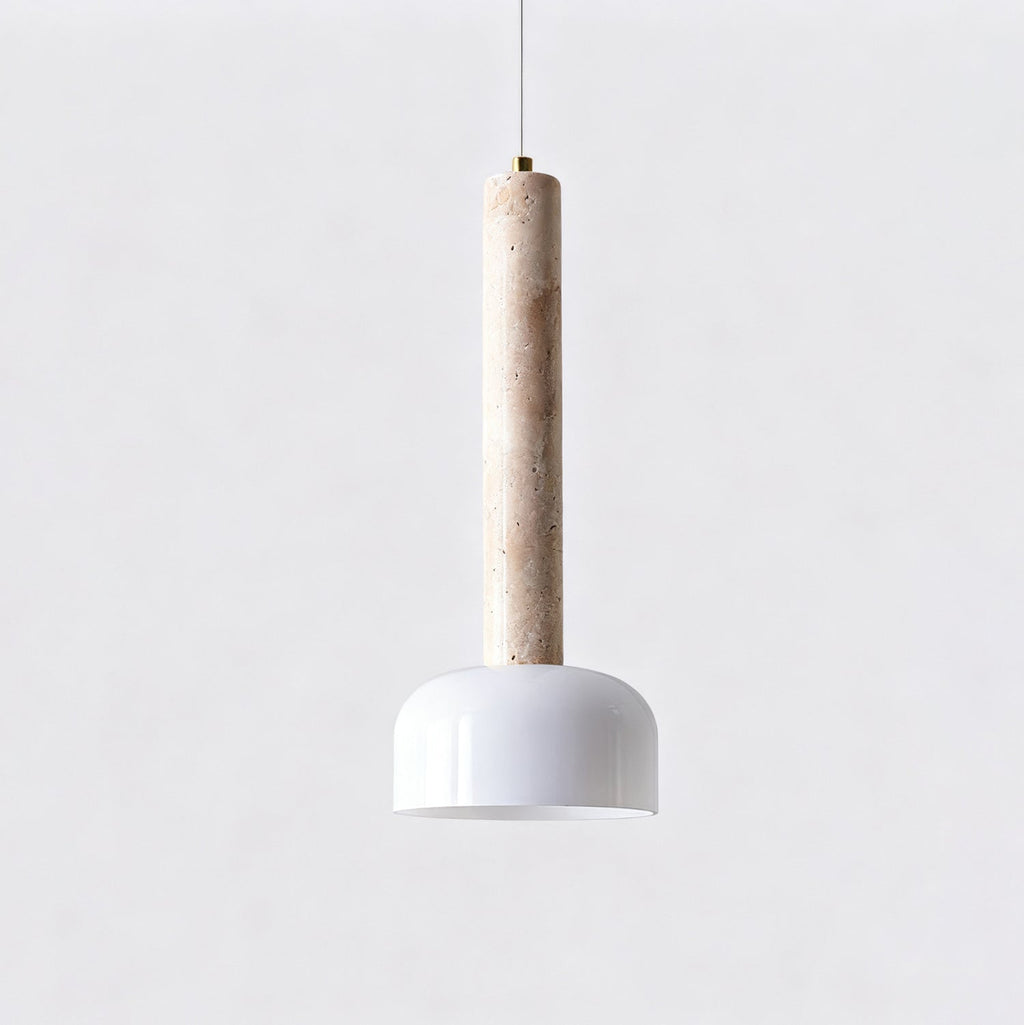 Unlit and seen straight on, this Clérachic pendant light has a pale travertine stem and a gloss white dome shade.