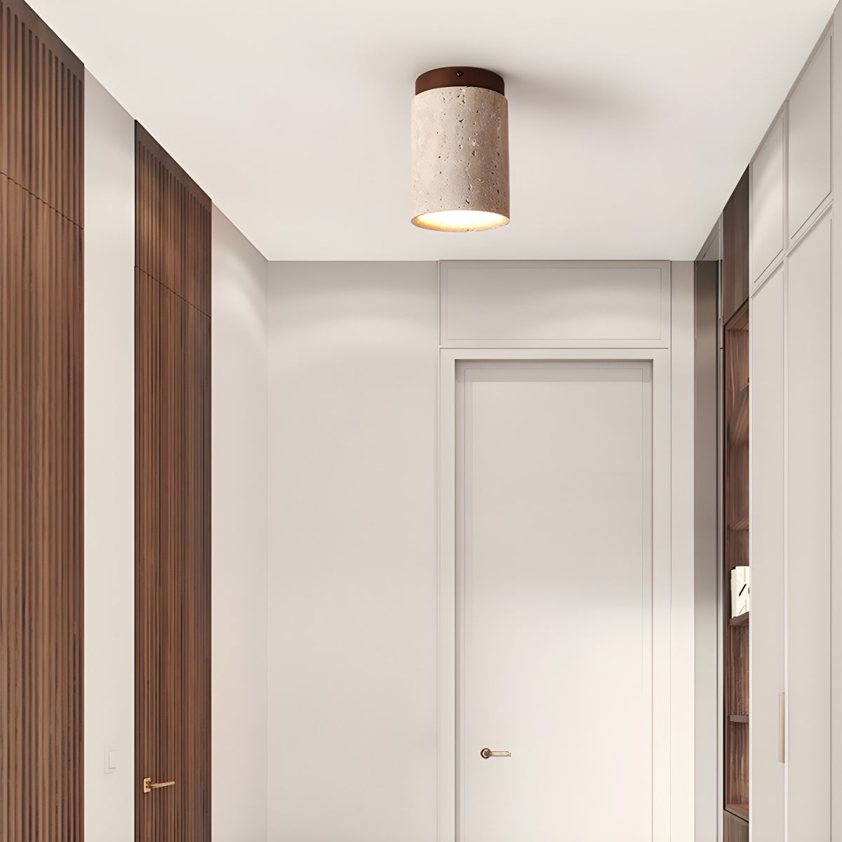 Walnut-cap Clérachic ceiling light lit above a narrow white hallway lined with dark wood panels.