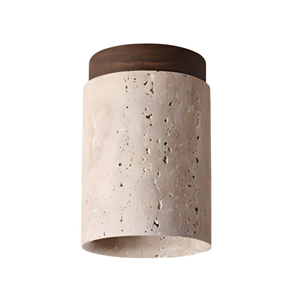 Clérachic ceiling light with a walnut cap on white, the cream travertine speckled with natural holes.