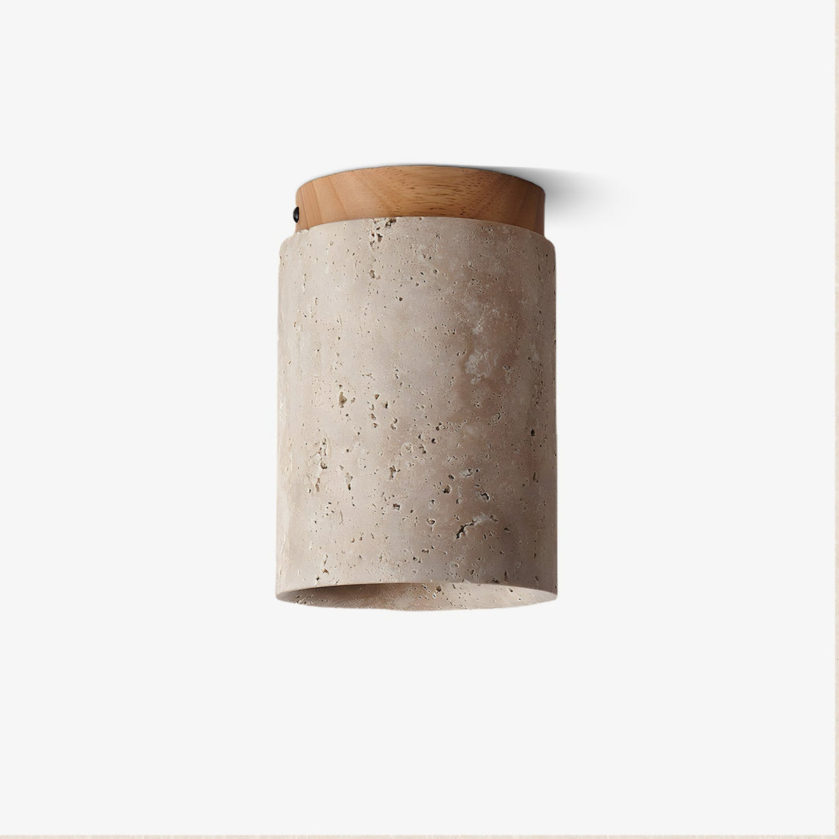 Unlit Clérachic ceiling light on a pale grey backdrop, a stone cylinder under a light wood cap with a small screw at the side.