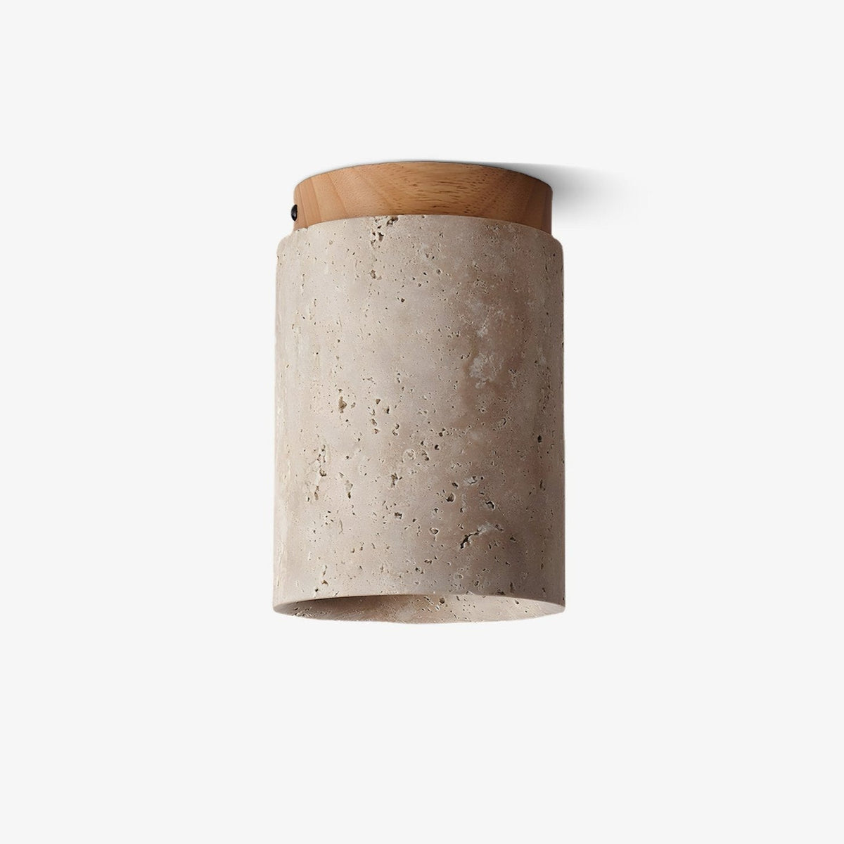 Side view of this Clérachic travertine ceiling light with its wood-colour cap, shown on a plain light backdrop.