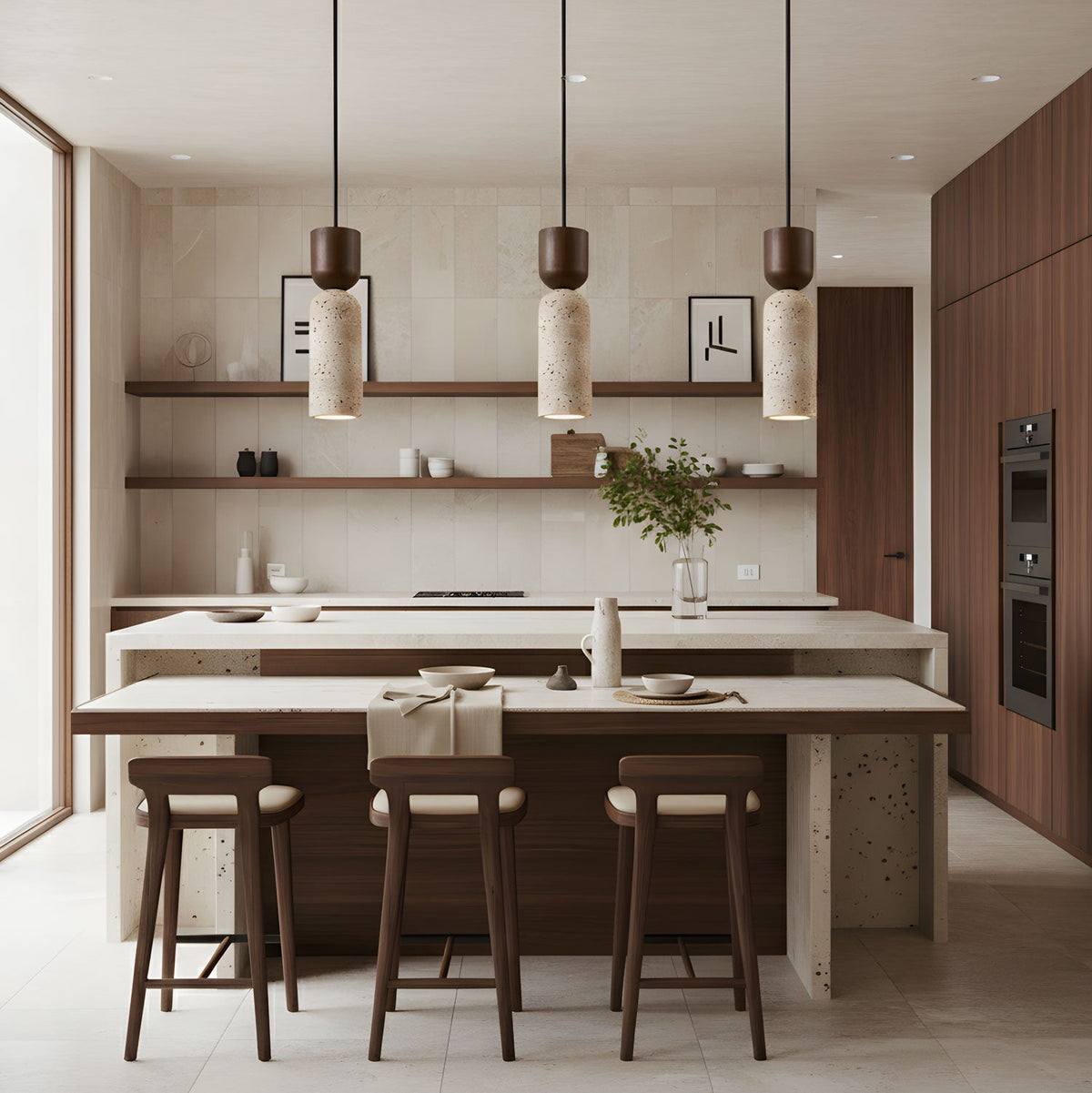 A row of three Clérachic stone pendants above a pale kitchen island, with walnut stools and open wooden shelves beyond.