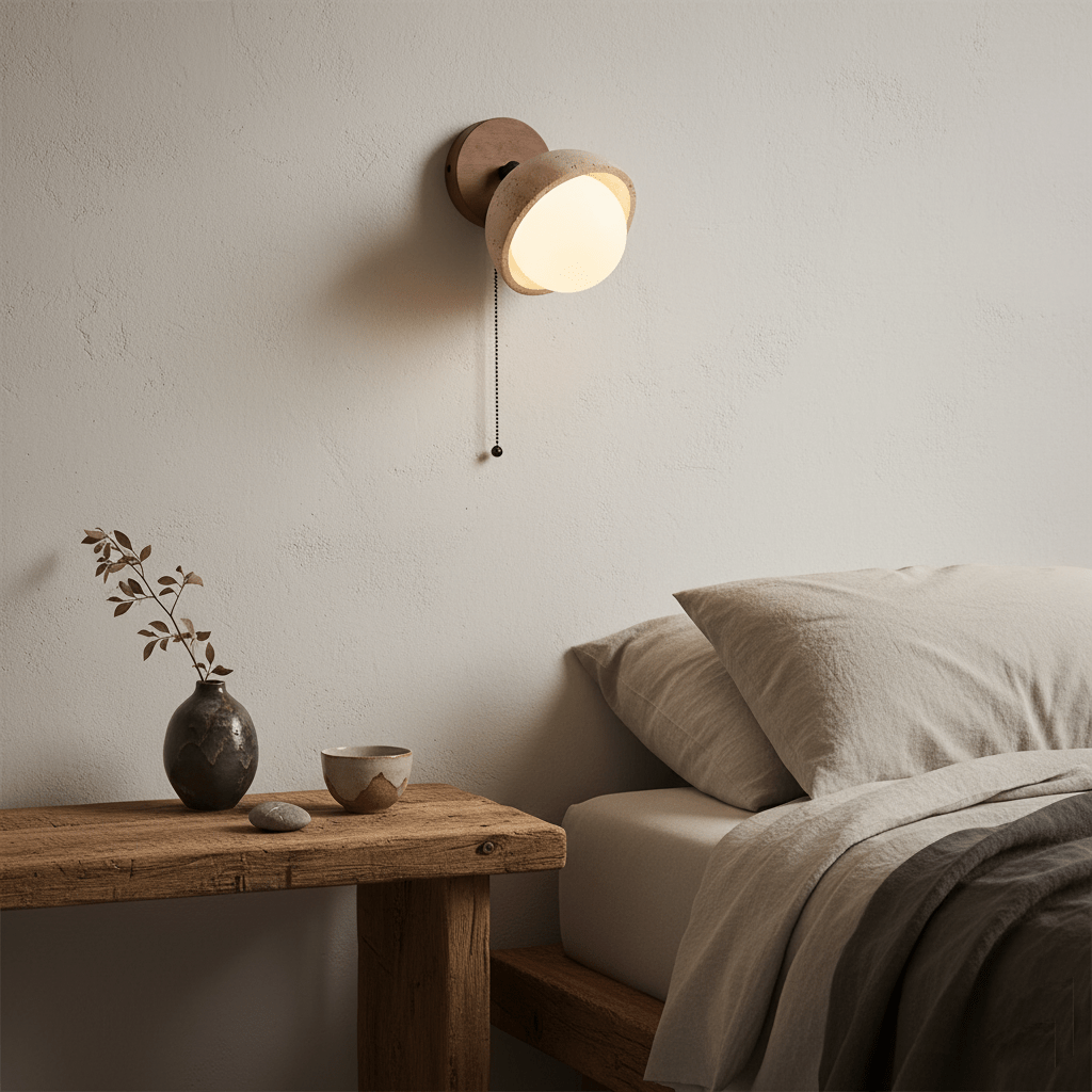 Walnut and travertine wall light with its pull chain, lit above a rustic wooden bedside table, a small vase and a linen-covered bed; Clérachic.