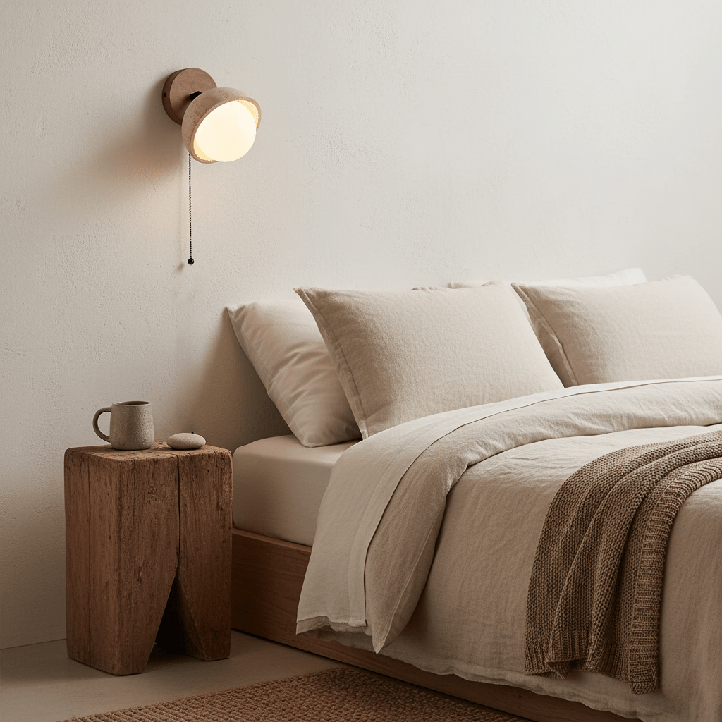 Clérachic wall light with a travertine shade and pull chain above a linen-dressed bed and a chunky wooden stump bedside table.