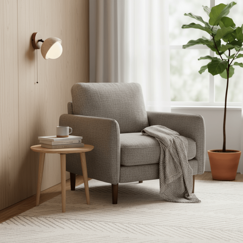 Single travertine dome light on a pale panelled wall, above a grey armchair, a round side table and a potted fig; a Clérachic wall light.