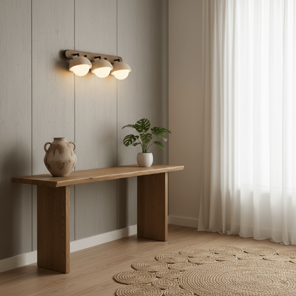 Three travertine domes on a walnut bar, lit over a wooden console with a clay vase, beside sheer curtains; a Clérachic wall light.