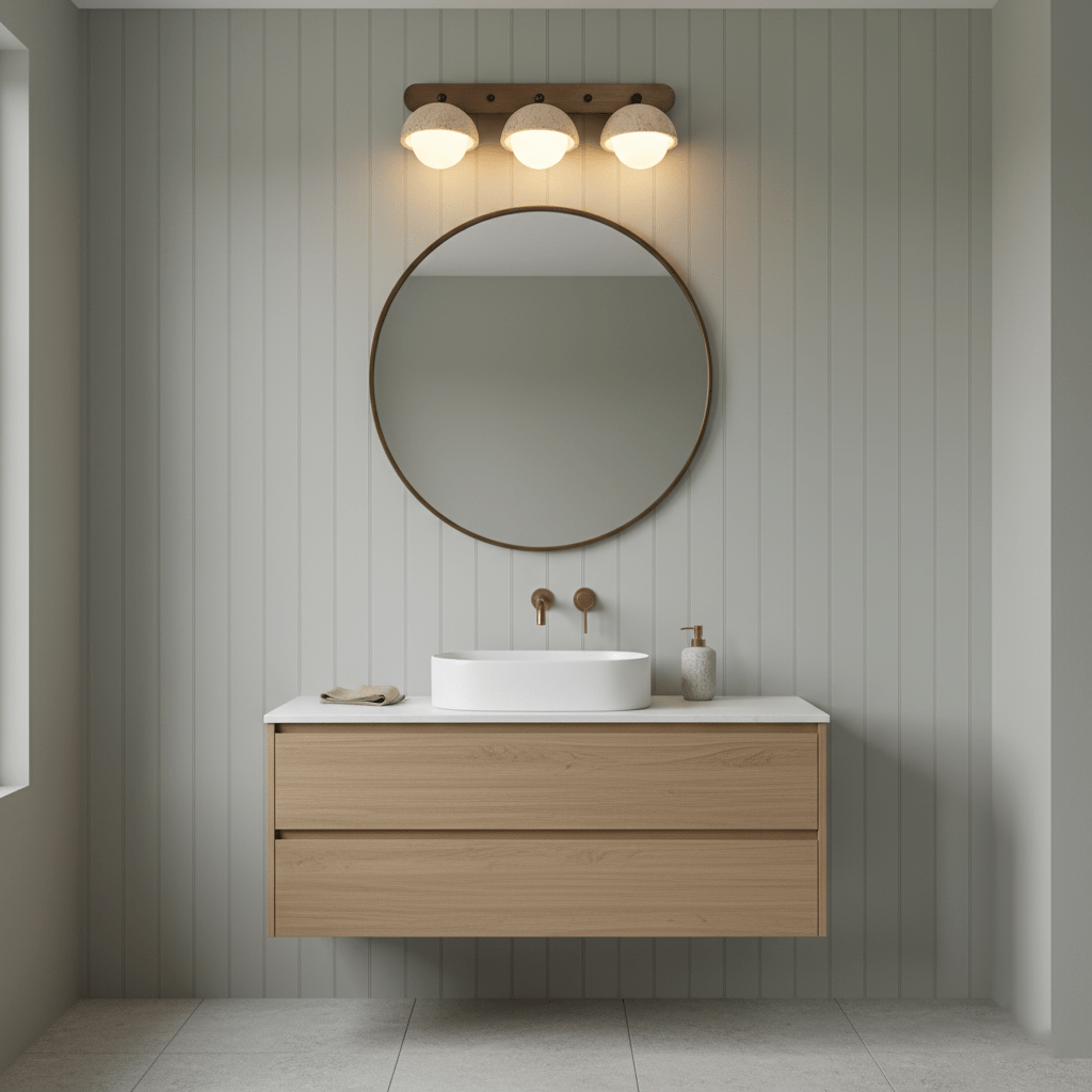 Three-dome Clérachic wall light above a round mirror and a floating oak vanity in a bathroom with pale green panelled walls.