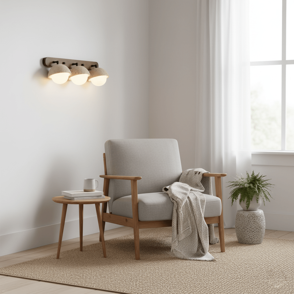 Triple-dome travertine wall light from Clérachic lit above a grey armchair and a woven rug in a bright corner by a window.