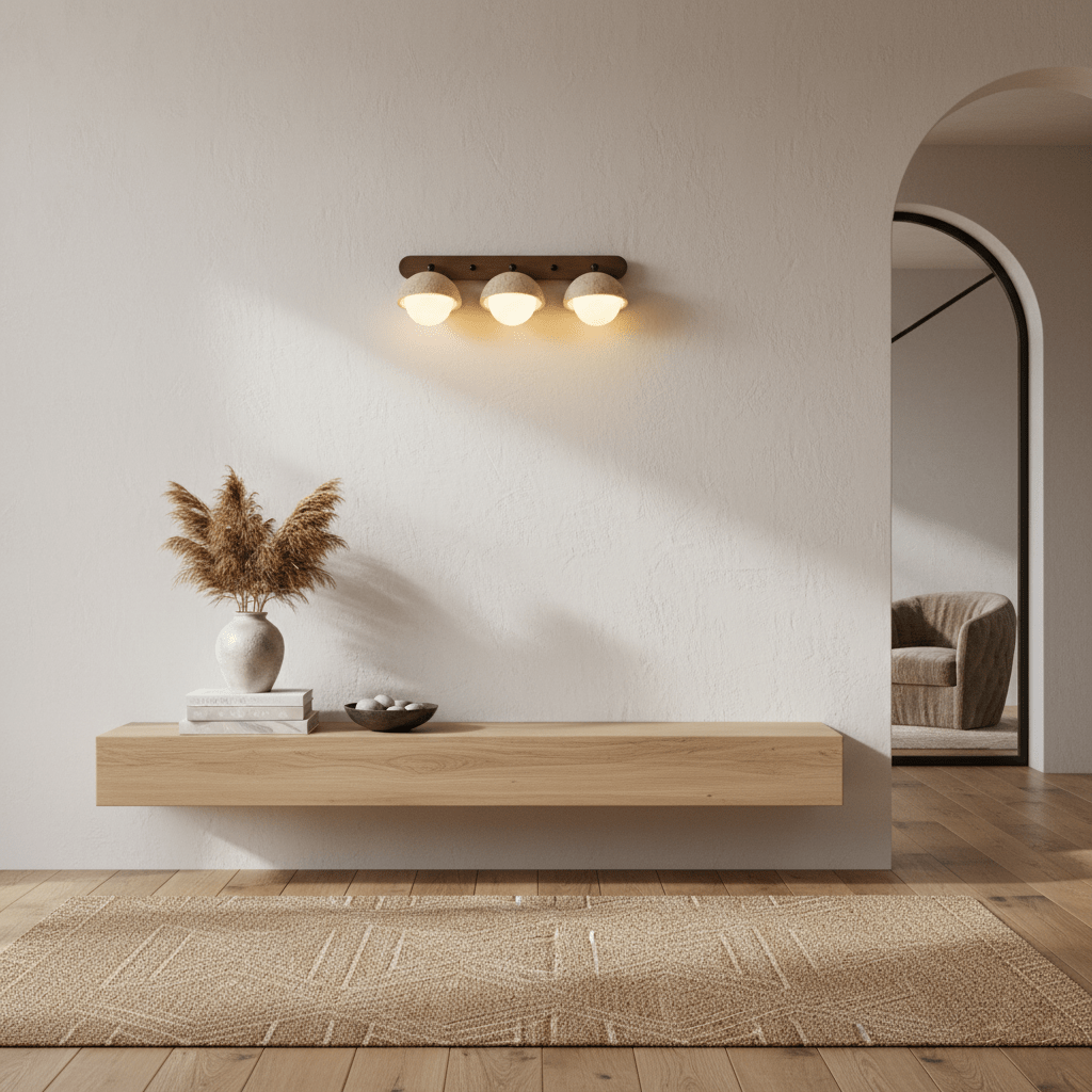 Three lit domes on a dark wood bar, a Clérachic wall light above a floating oak shelf with dried pampas grass and an arched doorway.