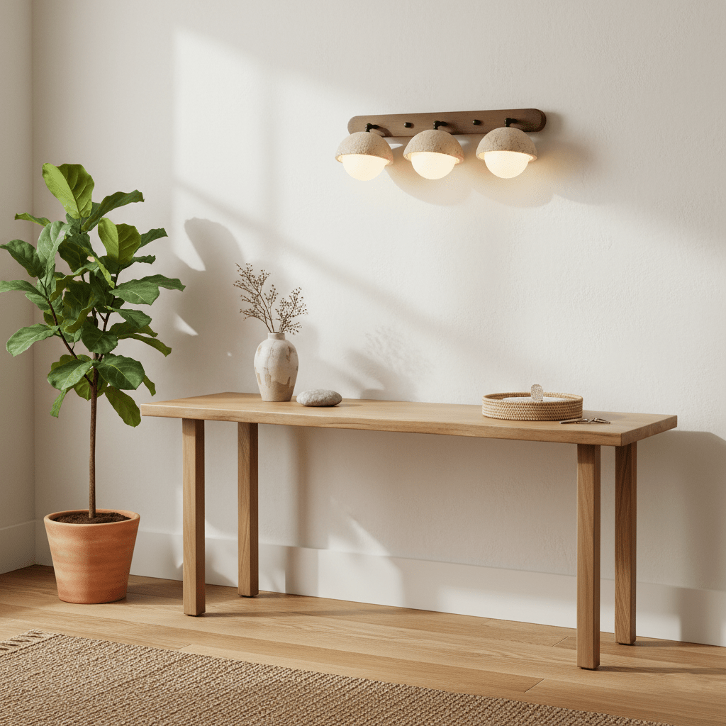 This Clérachic three-dome wall light is lit over a pale wooden console table, with a leafy plant in a terracotta pot beside it.