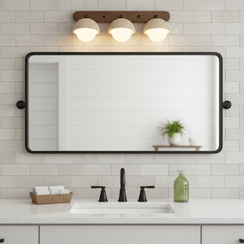 Three-dome Clérachic wall light above a black-framed rectangular mirror and a white basin, with a pale brick tile wall behind.