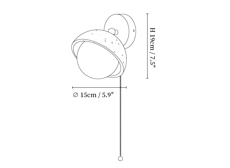 Dimension drawing of this Clérachic single wall light, with its 15 cm diameter and 19 cm height marked beside the pull chain.