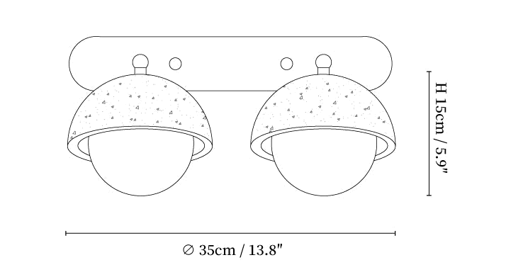 Dimension drawing of this Clérachic two-dome wall light, with its 35 cm width and 15 cm height marked.