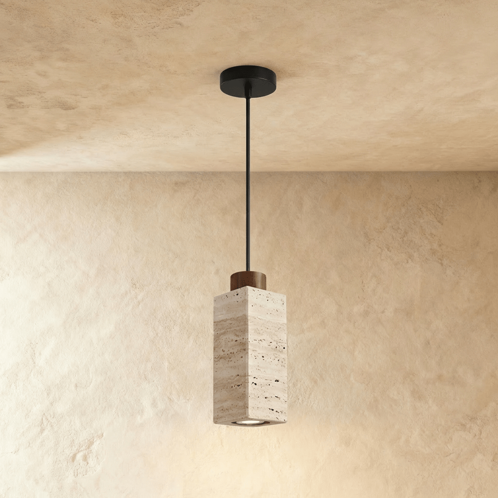 Clérachic's square travertine drum pendant hangs on a black cord, its wood cap sitting atop the veined stone column.