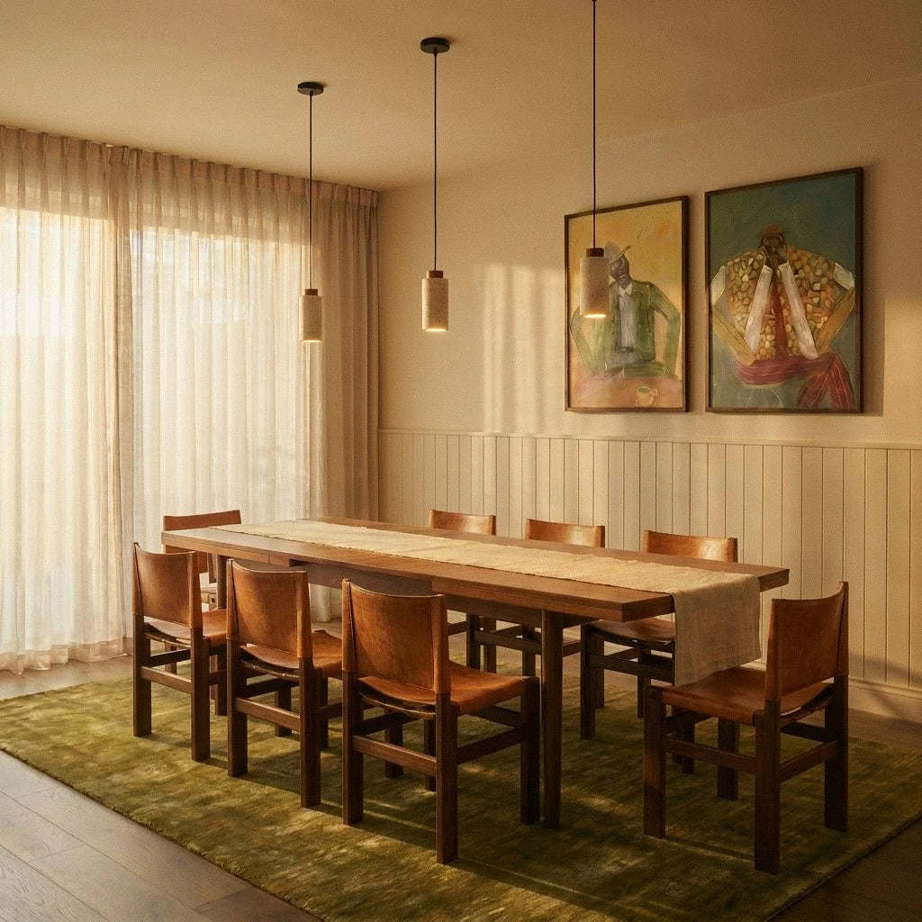 Two of Clérachic's travertine drum pendants hang low over a dining table, warm light spilling across artwork and rug.