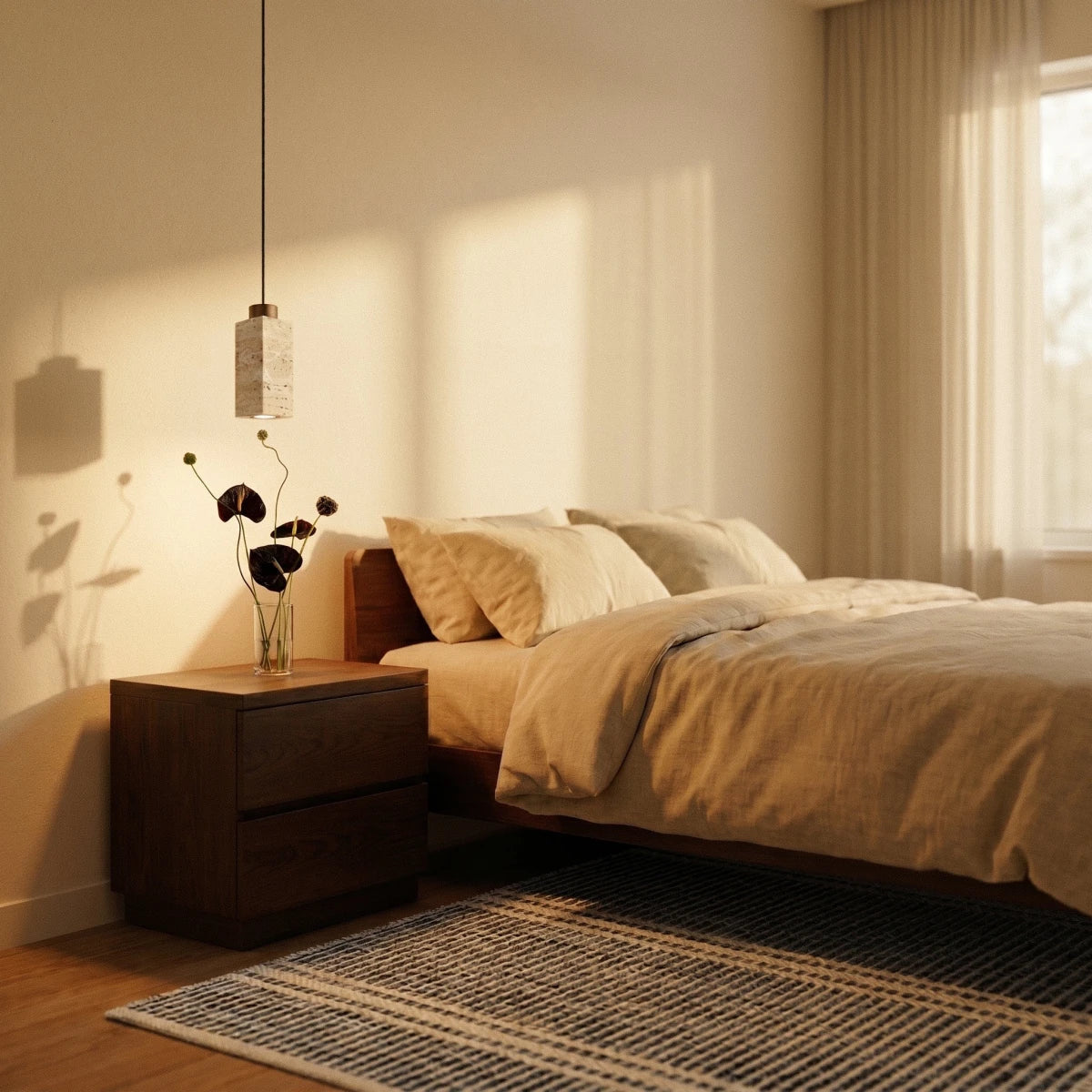 Clérachic's round travertine pendant lights a bedside nightstand, its warm glow falling beside a linen-dressed bed.