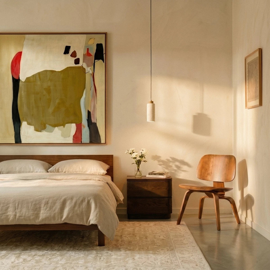 In this bedroom corner, Clérachic's travertine drum pendant hangs beside a wood chair, nightstand and framed art.