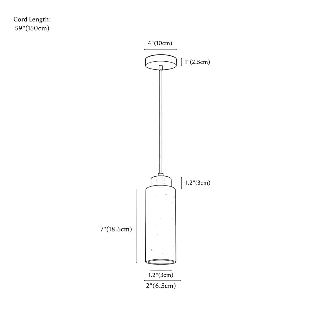 Clérachic pendant light dimension drawing, Round, 6.5 × 18.5 cm 15 W, every measurement marked in centimetres and inches.