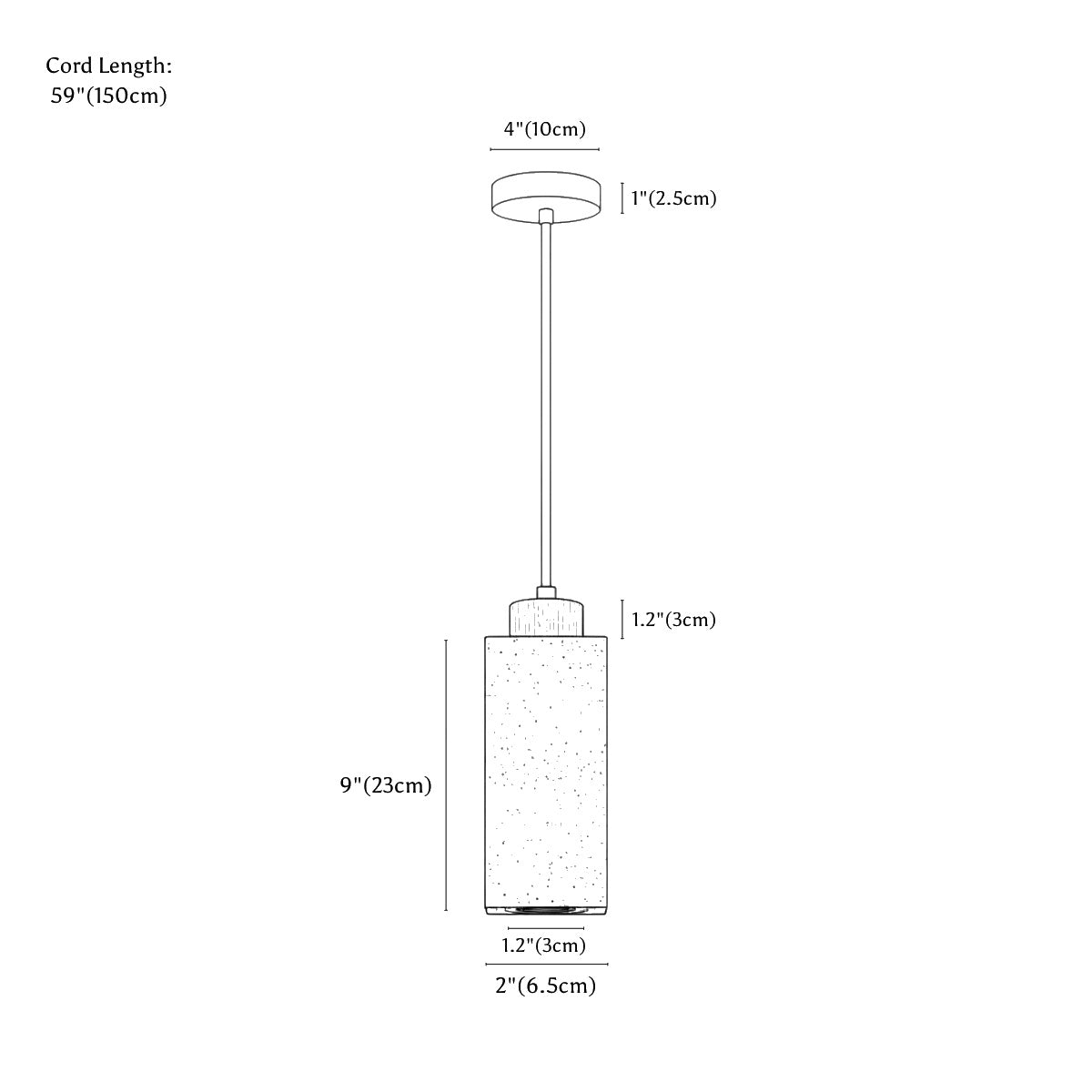 Clérachic pendant light dimension drawing, Square, 6.5 × 23 cm 15 W, every measurement marked in centimetres and inches.