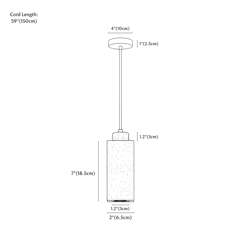 Clérachic pendant light dimension drawing, Square, 6.5 × 18.5 cm 15 W, every measurement marked in centimetres and inches.