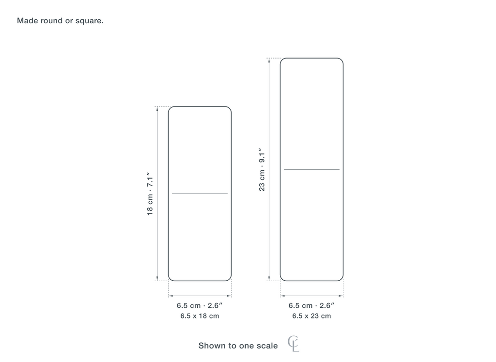 Technical dimension drawing of the Clérachic Travertine Drum Pendant Light for Bedside, Wood Cap, 23 cm in all 2 sizes — 6.5 × 18 cm (2.6 × 7.1″), 6.5 × 23 cm (2.6 × 9.1″), drawn to one scale.