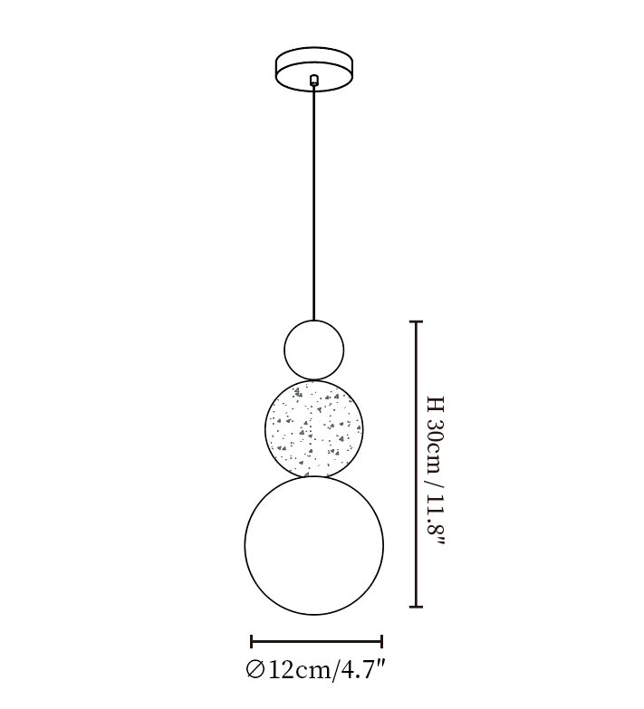 Clérachic pendant light dimension drawing, every measurement marked in centimetres and inches.