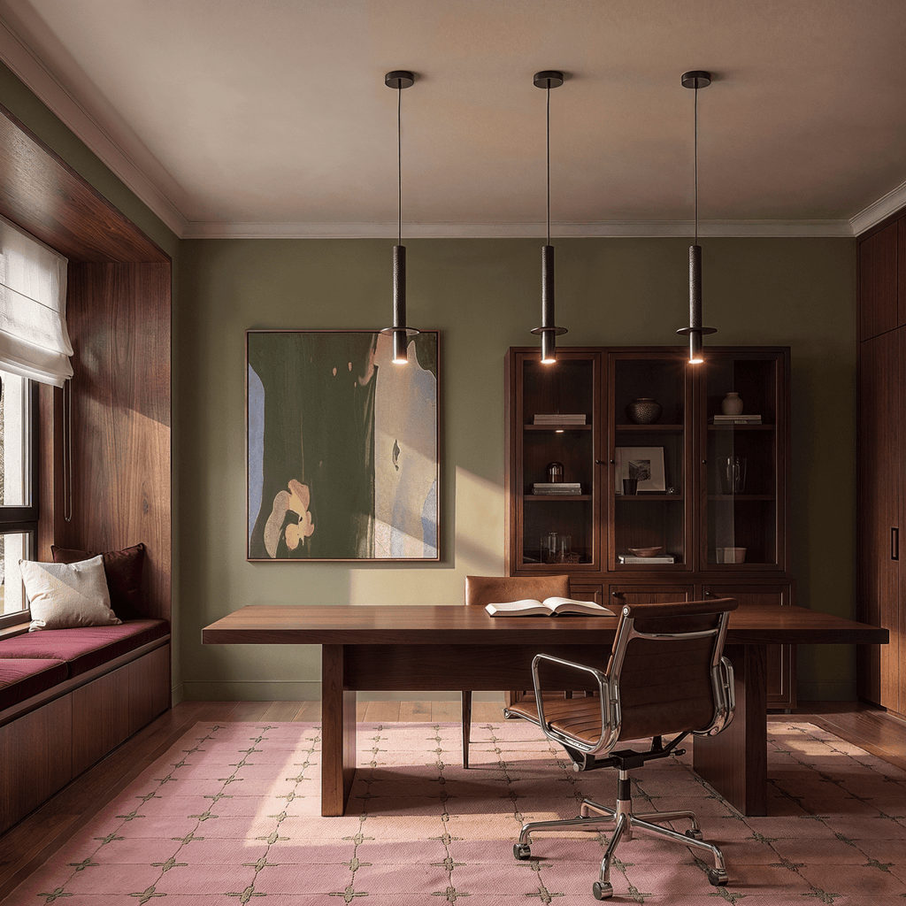 This Clérachic pendant light hangs in a trio above a walnut desk in a moss-green study with a pink rug.
