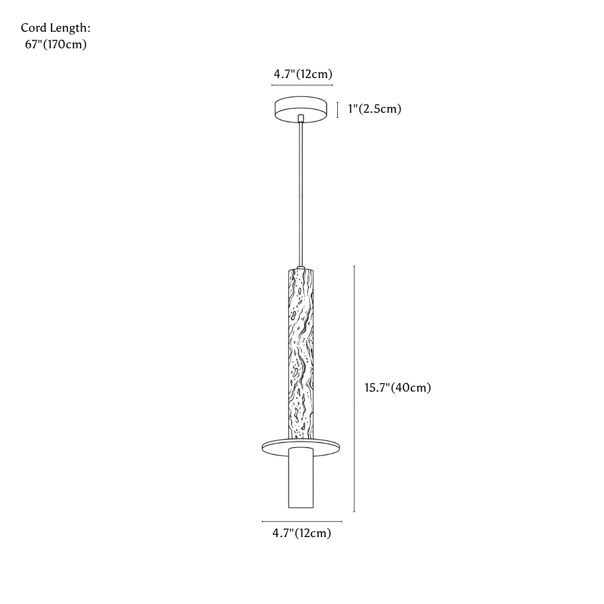 Clérachic pendant light dimension drawing, every measurement marked in centimetres and inches.