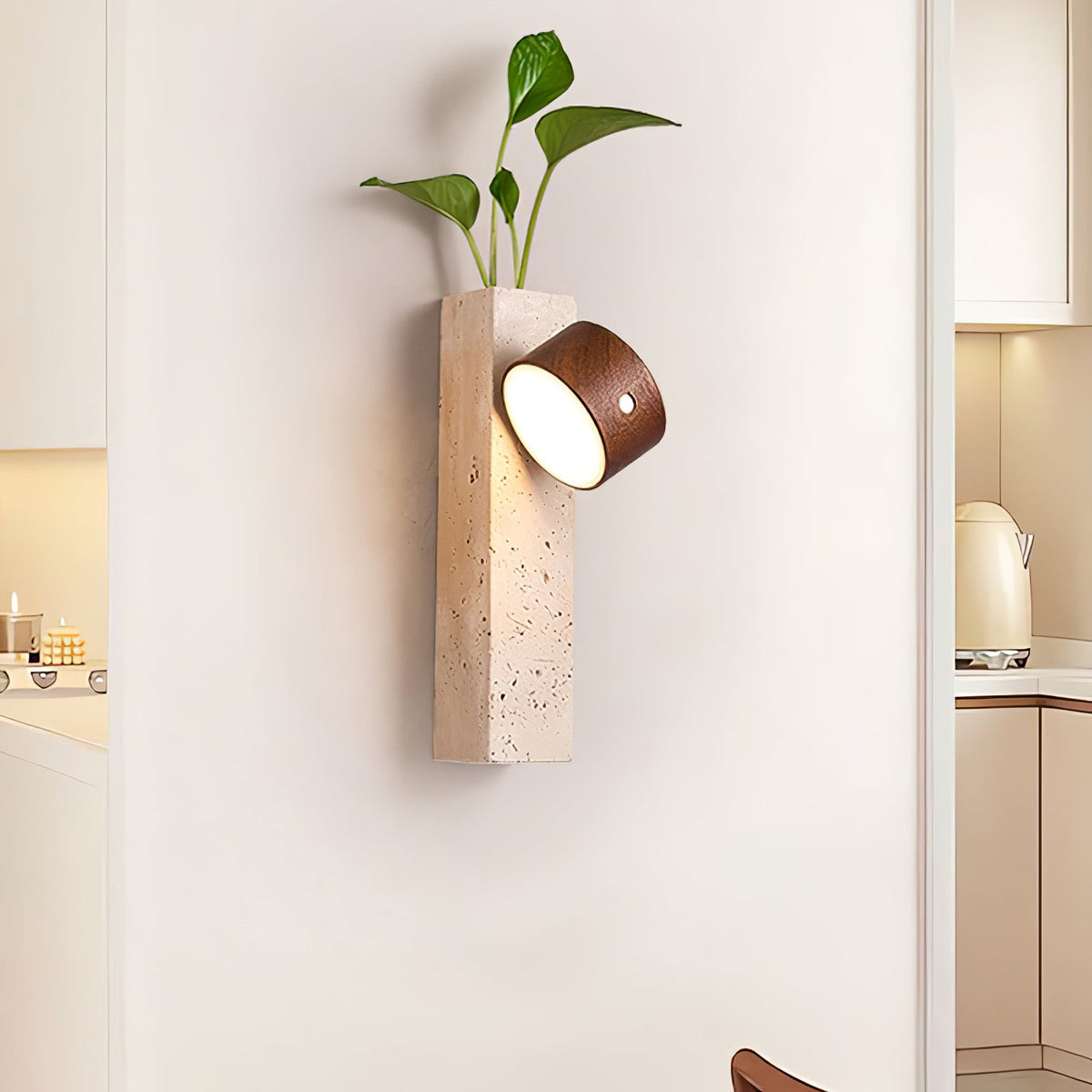 A Clérachic wall light with a dark walnut head tilted on a travertine block, holding a trailing green plant, beside a kitchen doorway.