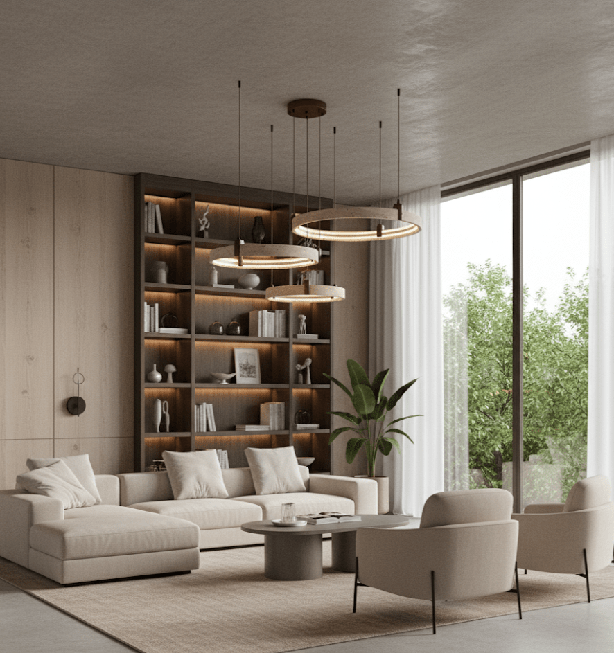Wide view of a Clérachic travertine ring cluster over a living room with a corner sofa, an armchair and tall glass doors to the garden.