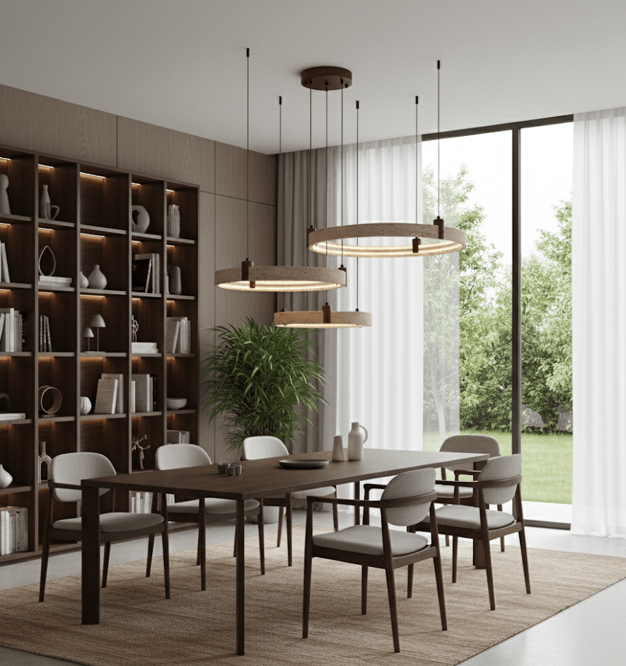 The three travertine rings of this Clérachic pendant glow over a dark wood dining table, with a dark bookcase and a green plant behind.
