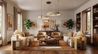A Clérachic travertine ring cluster hangs far off in the middle of a traditional living room with two sofas, wood floor and bookshelves.