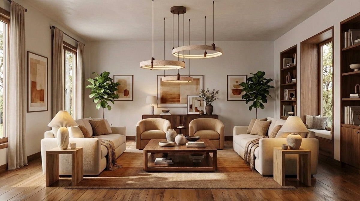 A Clérachic travertine ring cluster hangs far off in the middle of a traditional living room with two sofas, wood floor and bookshelves.