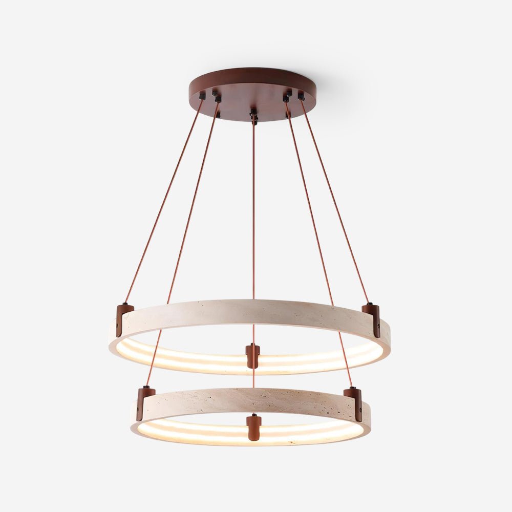 Studio shot of a Clérachic two-tier travertine pendant, two rings stacked on angled brown cords from a round canopy, on white.