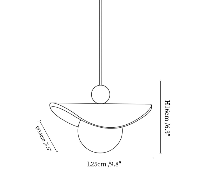 Clérachic pendant light dimension drawing, every measurement marked in centimetres and inches.