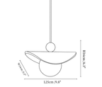 Clérachic pendant light dimension drawing, every measurement marked in centimetres and inches.