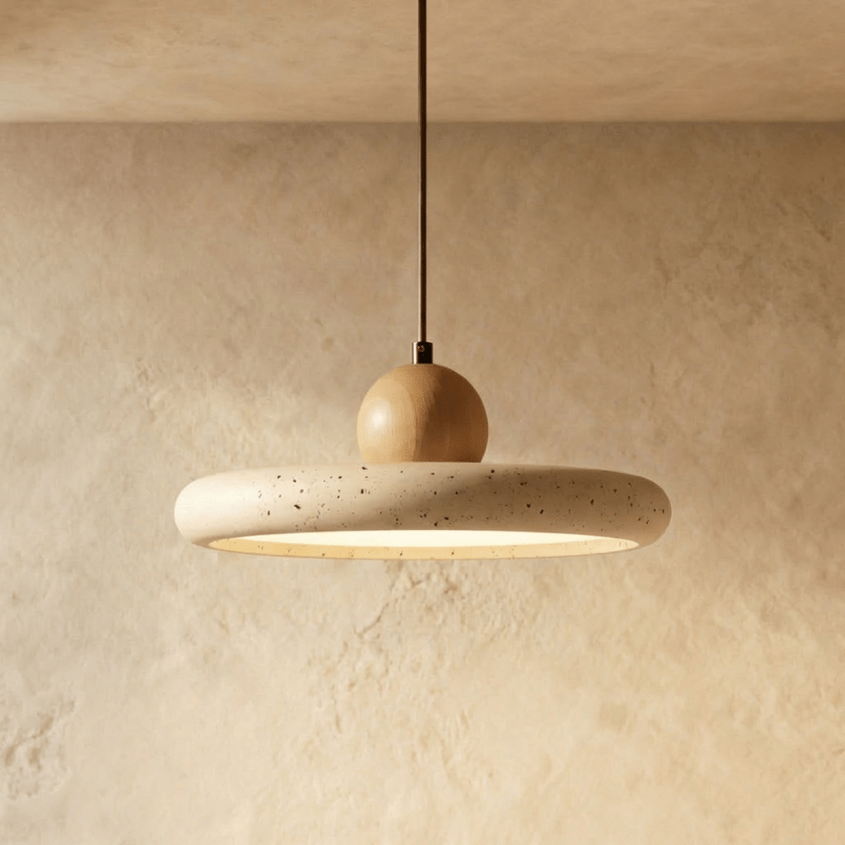 Clérachic travertine disc pendant, speckled stone ring with a round wood knob on top, lit from below against limewash.