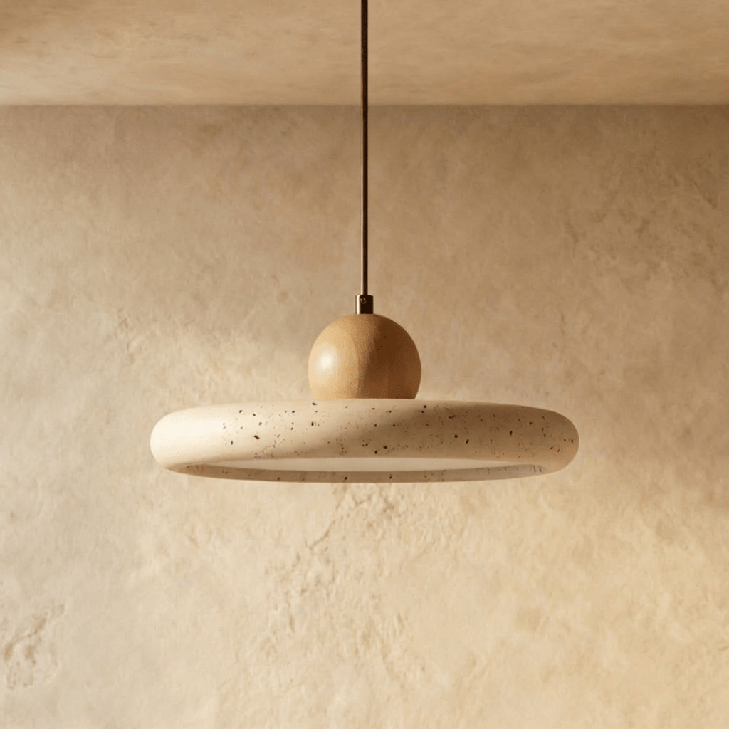 Clérachic pendant with a speckled travertine disc and a round oak-toned wood ball, switched off against a plaster wall.