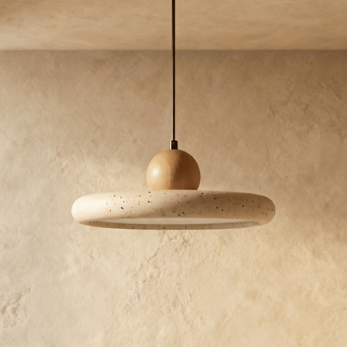 Clérachic pendant with a speckled travertine disc and a round oak-toned wood ball, switched off against a plaster wall.