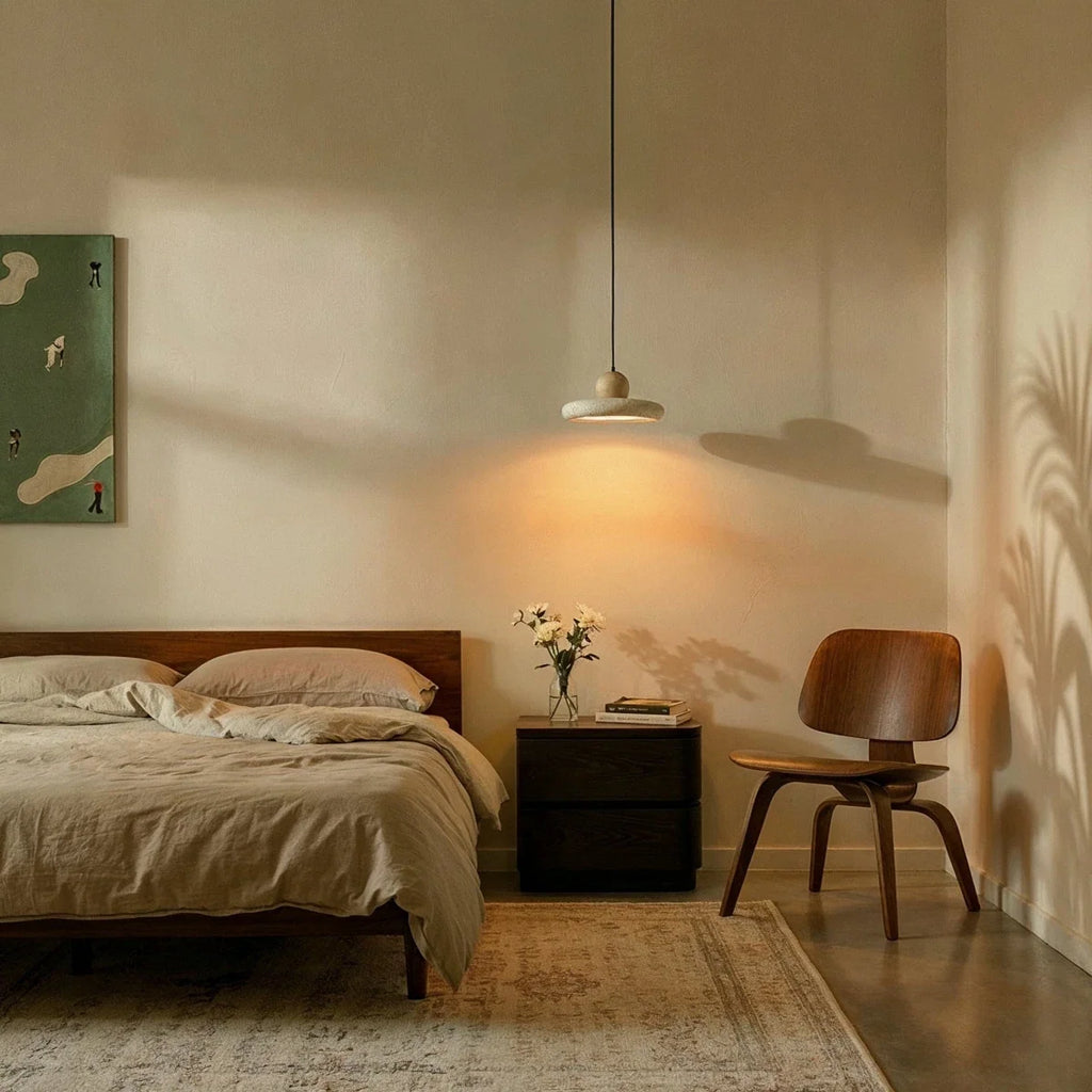 Clérachic travertine disc pendant glowing above a bedside, with a linen-dressed bed, a walnut chair and a flower vase.
